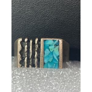 Sterling Silver 925 Tested Men Women Square Ring Blue Turquoise Inlay Size 9,75